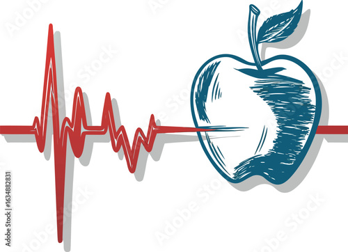 Healthy Lifestyle Icon – Heartbeat with Apple Vector, Nutrition and Wellness Symbol