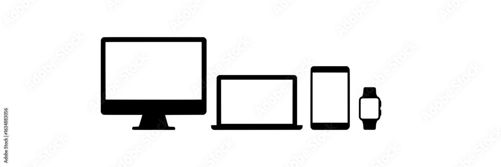 Vector collection of electronic devices: desktop computer, laptop, smartphone, smartwatch. Simple black and white icons, technology, communication concept. Minimalist graphic design elements, digital Vector collection of electronic devices: desktop computer, laptop, smartphone, smartwatch. Simple black and white icons, technology, communication concept. Minimalist graphic design elements, digital