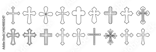 Set of minimal line art crosses. Collection of vector religious Christian cross icons. Simple black outline crucifix symbols on white background.  Spiritual, faith, Christianity graphic design element