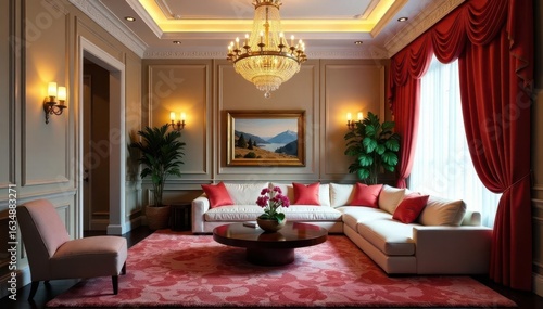 Opulent living room, crystal chandelier, plush furnishings, show home, sofa, home decor