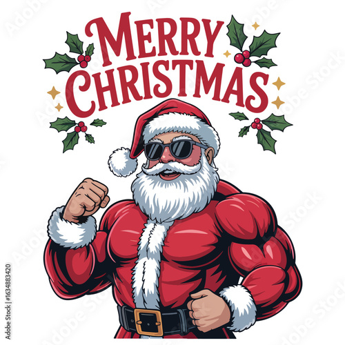 Muscular santa claus with sunglasses and merry christmas greeting vector t shirt design transparent png