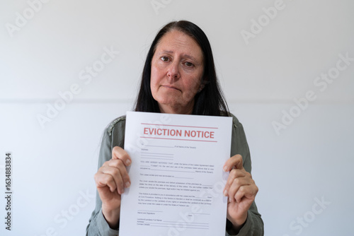 Sad woman looking at the camera and holding an eviction notice. Concept of not paying rent.