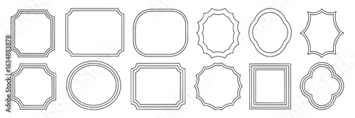 Set of twelve empty vintage frames with various shapes - square, rectangle, circle, oval, and quatrefoil. Black outline vector frame collection for labels, pictures, or text. Classic, decorative, blan