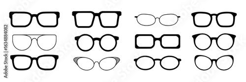 Set of twelve simple black and white vector eyeglasses icons. Collection of various spectacle shapes, frames, and styles isolated on white. Design elements for vision, fashion, or accessories.