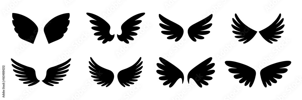 Fototapeta premium Collection of diverse black silhouette wing icons on a white background