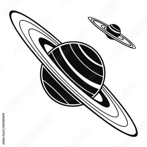 Stylized black and white saturn planet with rings and a smaller planet