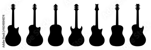 Set of seven black and white vector guitar silhouettes. Collection of various acoustic and electric guitar shapes, monochrome musical instrument icons for design elements, logo, or graphic resources.