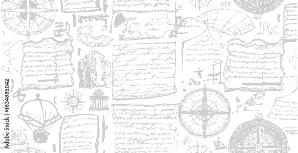 Fototapeta premium Travel themed old pattern of abstract illegible handwritten text. Vintage grunge bad calligraphy script, notes, book document. Vector illustration of monochrome unreadable handwriting cursive poetry 