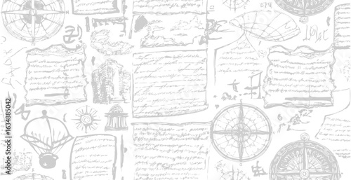 Travel themed old pattern of abstract illegible handwritten text. Vintage grunge bad calligraphy script, notes, book document. Vector illustration of monochrome unreadable handwriting cursive poetry 