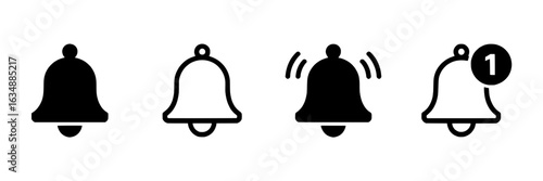 Notification bell icon set. Vector illustration of four simple black and white bells, including filled, outline, ringing, and notification with number one. Design elements for UI/UX, alerts, reminders