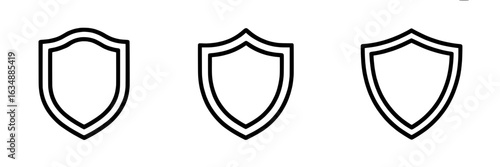 Set of three minimalist shield icons. Simple line art vector illustration, black outline shields on white background. Security, protection, safety, guarantee symbols. Design elements for web, app, or 
