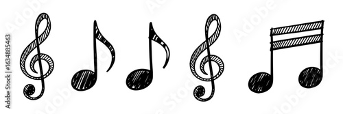 Hand-drawn music notes doodle set. Sketchy treble clef, eighth and sixteenth notes. Black ink illustration on white - simple musical symbols, vector graphic elements for design projects.