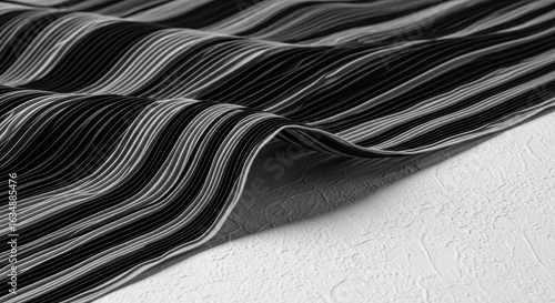 Abstract Striped Fabric: An elegant grayscale composition showcases flowing fabric with textured stripes, creating a visual symphony of form and shadow.