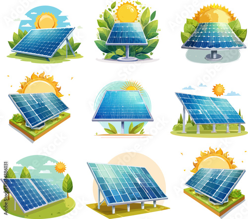 Cartoon Solar Panels with Sun.