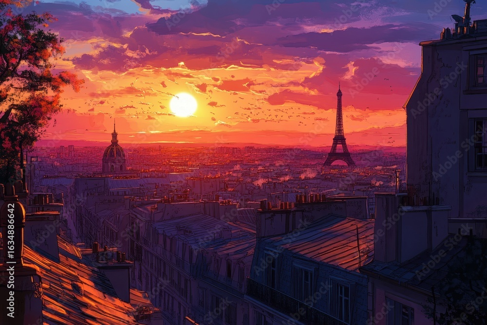 Naklejka premium Stunning sunset over French rooftops revealing the Eiffel Tower in the distance, Sunset overlooking French rooftops and the Eiffel Tower