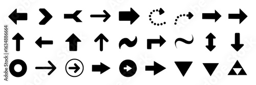 Vector set of black arrows, directional symbols, and wayfinding elements. Collection of various arrow designs: straight, curved, double, dotted, and triangular shapes for navigation, UI, and infograph