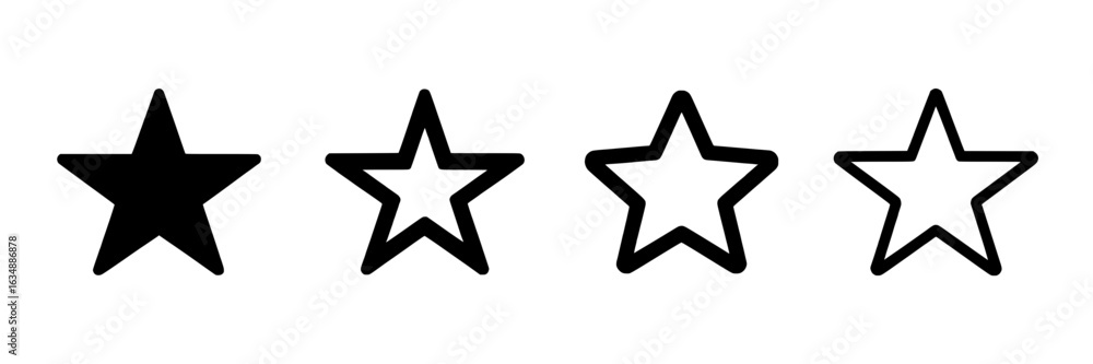 Fototapeta premium Star vector icon set. Collection of black and white line and filled stars. Simple minimalist five-pointed star shapes, ranking symbols for rating, review, feedback. Graphic design elements on white ba