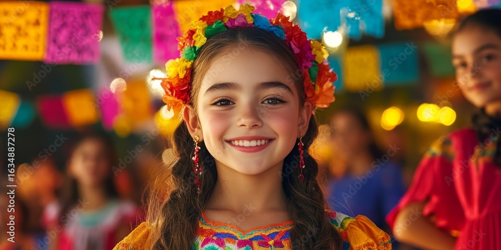Fototapeta premium Girl celebrating mexican independence day colorful festival portrait vibrant atmosphere joyful expression