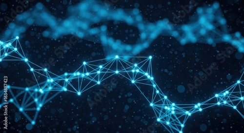 Digital Network Visualization: A captivating digital rendering of a network, with intricate connections of glowing blue particles against a dark background.