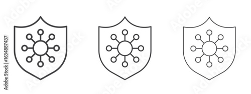 Virus protection shield icon in line art doodle style. Editable stroke outline sign, eps 10