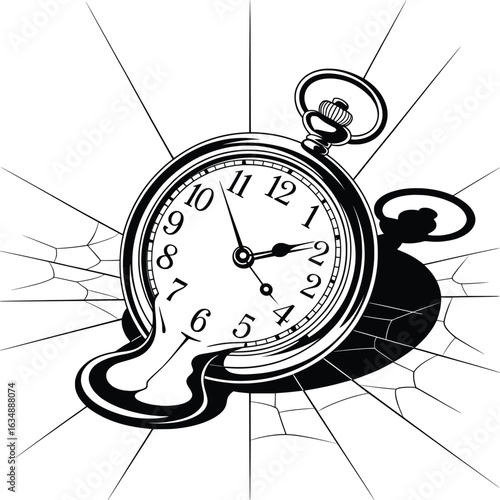 Melting Pocket Watch with Web, Surreal Time Decay Vector Art.