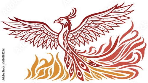 Phoenix Vector Illustration – Ornamental Tribal Bird like dragoon Rising from Flames in Bold Lines and Warm Gradient Tones