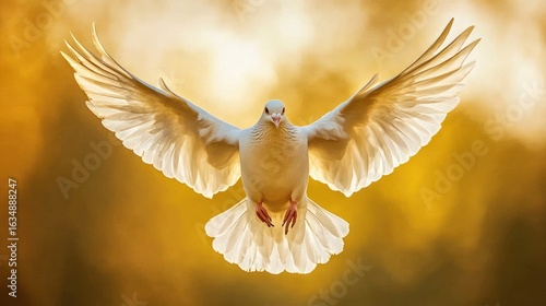 White dove in flight, golden light