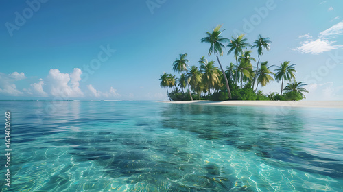 a tropical island with crystal clear water and a luxury resort in the background, palm trees waving in the breeze, empty beach foreground for text placement, cinematic travel ad, 16:9