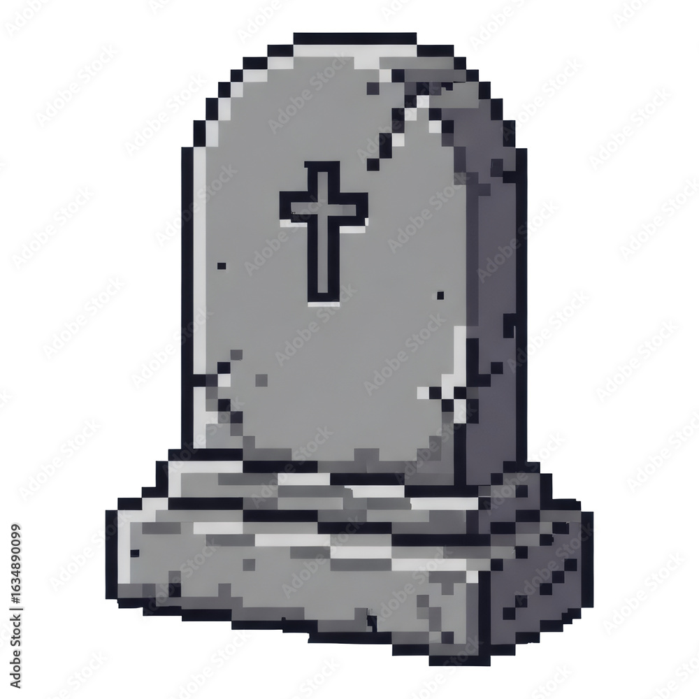 Fototapeta premium ピクセルアート 墓石 十字架 シンボル グレー ピクセル化された 墓 墓地 背景透過