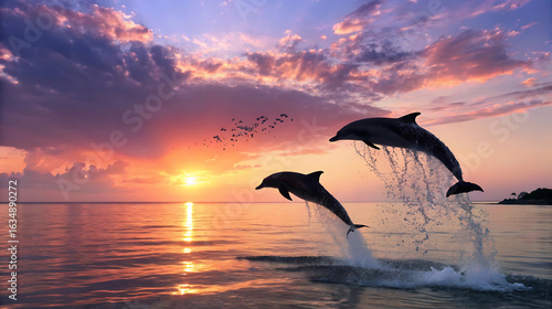 Fototapeta Naklejka Na Ścianę i Meble -  Two dolphins leaping from the ocean during a vibrant sunset with colorful clouds
