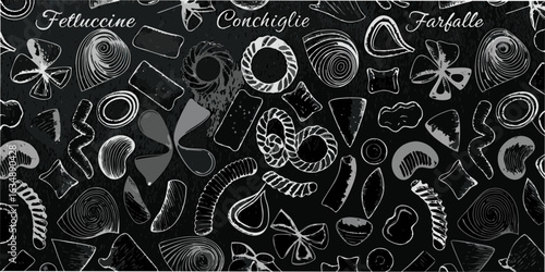 Assortment of hand drawn pasta shapes on a chalkboard background