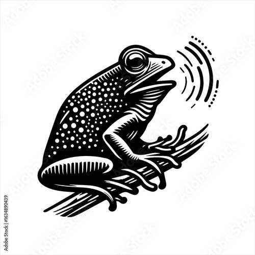 Black and White Frog Croaking on Branch.