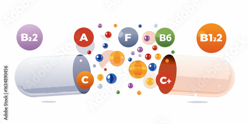 Explosion of vitamins and nutrients from an open capsule