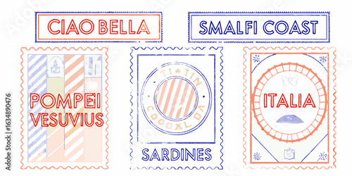 Italian travel stamps featuring pompeii amalfi coast and italia