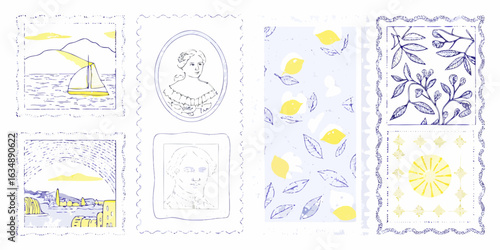 Vintage illustrations of portraits landscapes and botanical patterns