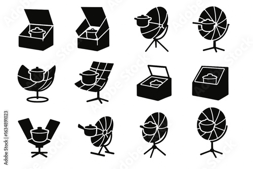 Solar Oven and Cooker Icons, Black Vector Silhouettes on White Background
