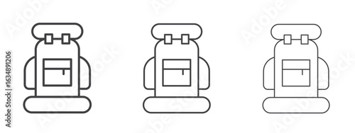 Hiking backpack icon in line art doodle style. Editable stroke outline sign, eps 10
