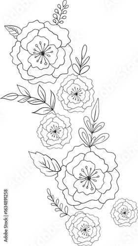 Floral Line Art Arrangement, Delicate Flower Outline Design, Botanical Black and White Illustration, Simple Floral Drawing Collection