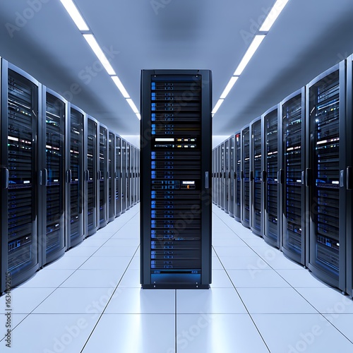 Modern server room with rows of computer racks and blue lighting
