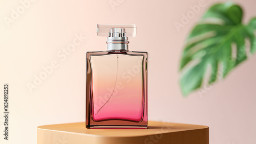 Quadro su tela Elegant glass perfume bottle with pink gradient liquid on a pedestal with soft b