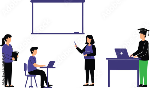Modern Vector Illustration of an Educational Classroom or Seminar. Diverse Group of Students and a Teacher with a Whiteboard, Laptops, and a Graduation Cap.