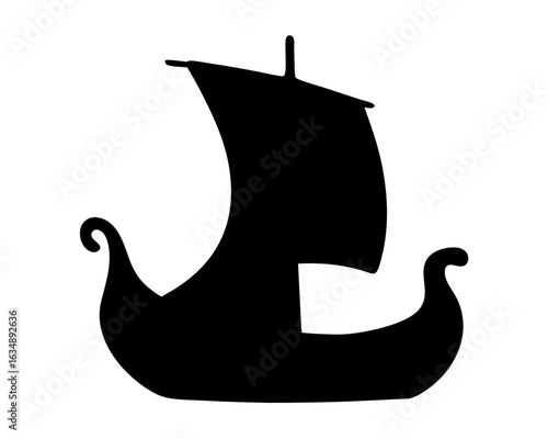 Black silhouette of a Viking longship with a sail on a white background