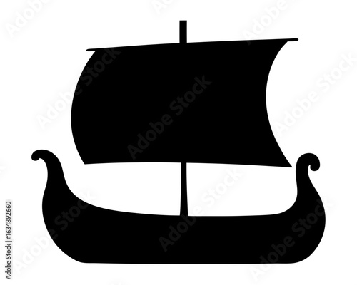 Detailed Silhouette of a Viking Longship with Sail on White Background