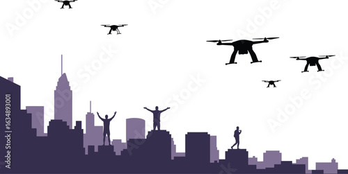 Futuristic Urban Skyline with People and Drones Silhouettes Vector Illustration. Modern City Rooftop View Symbolizing Smart Technology, Innovation, and Freedom of the Future.