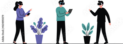 People Using VR Headsets Interacting with Metaverse and Augmented Reality UI. Modern Vector Illustration of Virtual Social Network and Digital Communication Technology.
