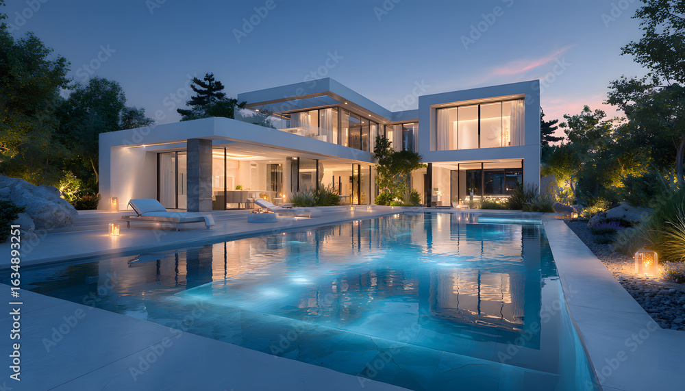 Fototapeta premium Modern luxury villa exterior at dusk. Contemporary design features large windows, pool. Smart home, automated buildings concept, real estate, property management. Eco-friendly, sustainable living.