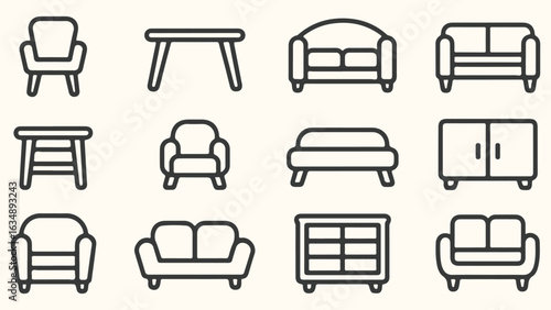 Furniture Iconography Collection Diverse Selections of Chairs, Sofas, Tables, and Cabinets for Interior Design and Home Furnishing Concepts