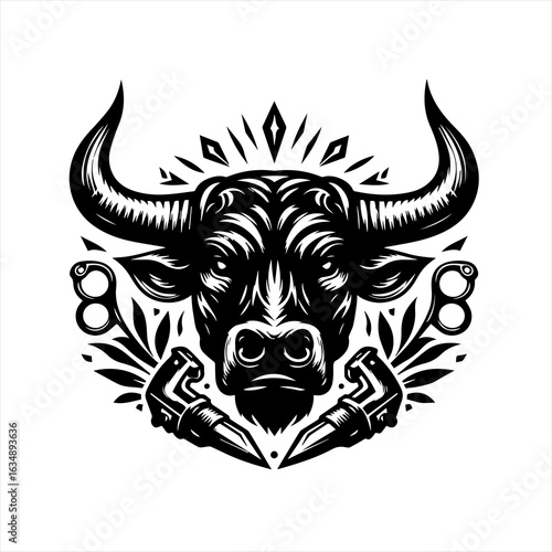 Fierce Bull Head with Brass Knuckles and Leaves.