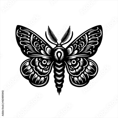 Intricate Black and White Moth Silhouette Design.