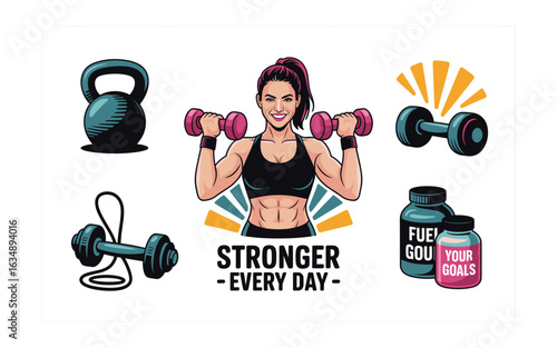 Stronger Every Day: Fitness Motivation with Weights, Kettlebell, and Supplements for Women's Training and Wellness Goals, Gym and Home Workouts